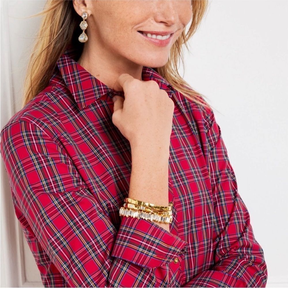 Talbots red tartan plaid green holiday Christmas button up down gold buttons 8